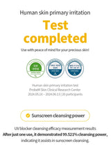 Test completion notice for human skin primary irritation with sunscreen cleansing power, featuring certification logos.
