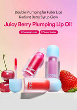 Lip oil products with berries and strawberries on a gradient background