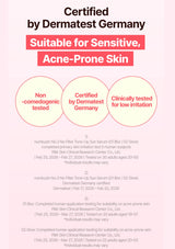 Certification label for dermatological suitability on a light pink background