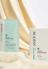 Two Rejuran moisture treatment masks on a soft fabric background