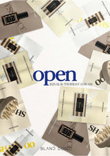 Promotional flyer for an event with 'open' text and product images.