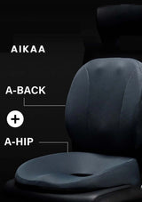Car seat cushion with 'AIKAA' branding and text indicating 'A-Back' and 'A-Hip' support on a dark background.