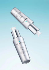 Two skincare bottles labeled 'Rejuran' on a gradient blue background