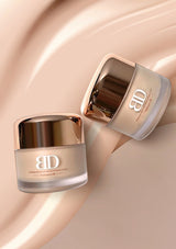 Two cosmetic jars with a brand logo on a beige background