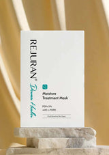 Rejuvenation moisture treatment mask packaging on a marble stand with a beige curtain background