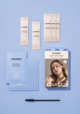 Cosnori eyebrow tone changer kit with packaging and applicator on a blue background