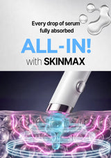Promotional graphic for the SKINMAX All-In beauty device, showing the white handheld wand above a glowing illustration of skin layers with pink and blue light effects. Text at the top reads 'Every drop of serum fully absorbed' and 'ALL-IN! with SKINMAX'.