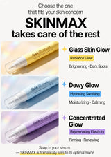 An informational graphic for the SKINMAX skincare set, showing three spray tubes labeled Relax 01 in yellow, Relax 02 in light blue, and Relax 03 in lavender, with text describing each glow type and benefits.