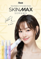 A promotional beauty ad for Palok SkinMax Serums showing a woman holding a white facial spray device, with four small serum bottles in yellow, blue, and purple at the lower left on a pale beige background with large text reading SKINMAX SERUMS.