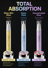 Three cosmetic pump bottles labeled Radiant 01, Radiant 02, and Radiant 03 displayed on matching circular bases against a black background, with large text reading TOTAL ABSORPTION and descriptive glow/focus labels above each bottle.