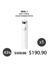 A white Aalok Skinmax device centered on a light gray background with promotional text reading 'DEAL 1 BUY 1 PIECE AALOK SKINMAX DEVICE' and sale price information including '43% $350.00 $190.