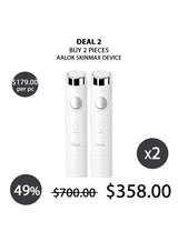 Promotional graphic showing two white AaloK Skinmax devices on a white background with sale text: 'DEAL 2 BUY 2 PIECES AALOK SKINMAX DEVICE', price per piece $179.00, total $700.