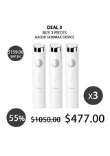 Promotional graphic showing three white AaloK Skinmax devices arranged side by side on a white background, with text reading 'DEAL 3 BUY 3 PIECES AALOK SKINMAX DEVICE' and pricing information including '$159.00 per pc', '$1050.