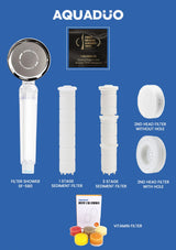 Aquaduo shower filter system components on a blue background
