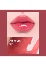 Close-up of glossy red lips with 'All hours 187' text on a maroon background