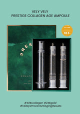Vely Vely Prestige Collagen Age Ampoule set with green packaging on a teal background