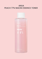Pink bottle of ANUA Peach 77% Niacin Essence Toner on a pink background