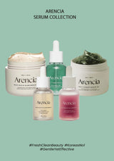Arencia serum collection with various skincare products on a light green background
