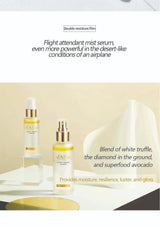 Two skincare bottles on a white surface with promotional text about their ingredients and benefits.
