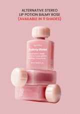 Pink lip balm with 'Balmy Rose' branding on a pink background