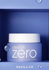 Banila Co Clean It Zero cleansing balm jar on a blue background