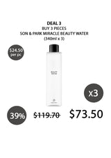 Bottle of Son & Park Miracle Beauty Water with promotional text on a white background