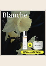 Two perfume bottles with 'Blanche' branding and a flower in the background.