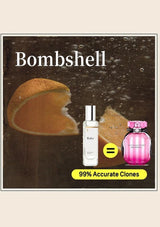 Two perfume bottles with 'Bombshell' text and '99% Accurate Clones' label on a dark background.