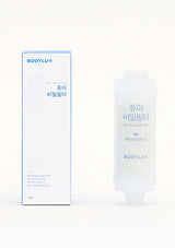 BODYLUV Pure Vela milk filter filter cartridge next to its white and light blue packaging box on a clean white background.