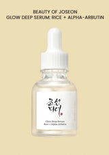 Beauty of Joseon Glow Deep Serum bottle with dropper on a beige background