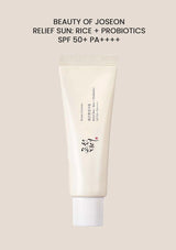 Beauty of Joseon sunscreen tube with text on a beige background
