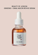 Beauty of Joseon Ginseng + Snail Mucin Revive Serum bottle on a light pink background