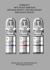 Three bottles of FORBEAUT MTS Scalp Ampoule on a gray background