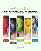 Promotional image of BE'BALANCE microfiber masks in various colors with benefits listed.