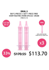 Promotional graphic for a skincare deal showing two pink spicle cream syringe tubes in the center, with text offering buy 2 pieces + get 1 piece free every routine 3PDRN spicule cream (10ml x 3). Pink price circles and a 33% discount badge surround the product on a white background.