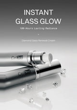 Two metallic CelDot cosmetic tubes labeled 'Diamond Glass Renewal Cream' on a reflective light gray surface, with scattered clear gemstones and large text above reading 'INSTANT GLASS GLOW' and '100-Hours Lasting Radiance'.
