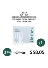 ClearDea Mucin Collagen Voluming Cream Ampoule packaging with promotional text on a white background
