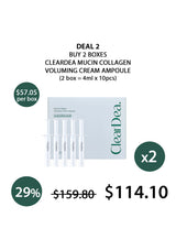 Promotional offer for ClearDea Mucin Collagen Voluming Cream Ampoule with pricing and quantity details.