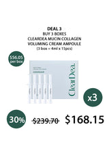 Promotional offer for ClearDea Mucin Collagen Voluming Cream Ampoule with discount details.