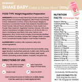 Nutritional information and ingredients list for Shake Baby Cookie & Cream flavor on a pink background
