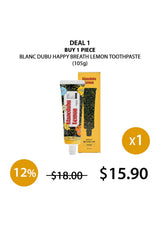 Blanc Dubu Happy Breath Lemon Toothpaste with packaging and promotional text on a white background