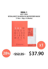 Salmon-colored microfiber mask packaging with promotional text on a white background