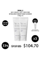 Promotional offer for BE BALANCE Snow Foam Cleanser with a free sample included.