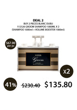 Groom shampoo packaging with promotional text and pricing on a white background