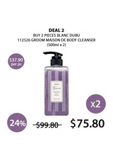 Purple bottle of Groom Maison de body cleanser with promotional text on a white background
