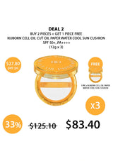 Promotional offer for Nuborn Cell Oil Cut Out Paper Water Cool Sun Cushion with pricing and deal details.