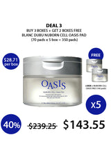 Oasis skincare product with promotional text and pricing on a white background