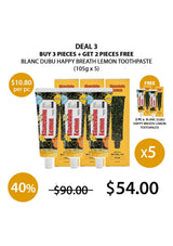 Promotional offer for Blanc Dubu Happy Breath Lemon Toothpaste with packaging and pricing details.