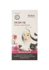 Product packaging for dark brown hair color with a woman's face on a white background