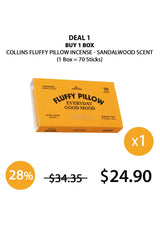 A box of Collins Fluffy Pillow Incense with Sandalwood Scent, showing 70 incense sticks inside, with the branding and incense clips visible. The packaging is predominantly orange with product information printed on it.